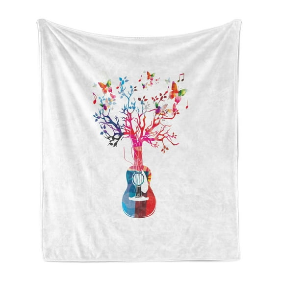 Guitar Soft Flannel Fleece Throw Blanket, Colorful Musical Composition with Guitar Tree and Butterflies Inspiration, Cozy Plush for Indoor and Outdoor Use, 50" x 60", Multicolor, by Ambesonne