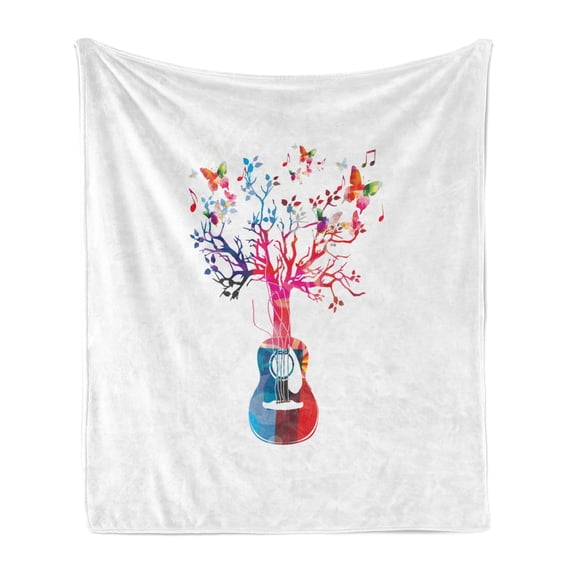 Guitar Soft Flannel Fleece Throw Blanket, Colorful Musical Composition with Guitar Tree and Butterflies Inspiration, Cozy Plush for Indoor and Outdoor Use, 50" x 70", Multicolor, by Ambesonne