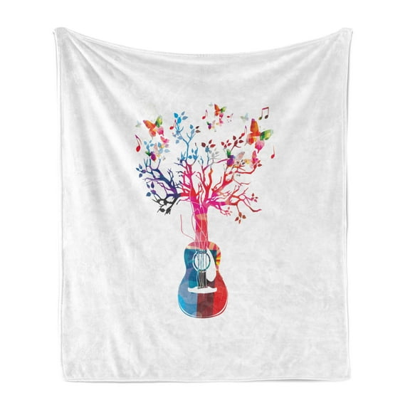 Guitar Soft Flannel Fleece Throw Blanket, Colorful Musical Composition with Guitar Tree and Butterflies Inspiration, Cozy Plush for Indoor and Outdoor Use, 70" x 90", Multicolor, by Ambesonne