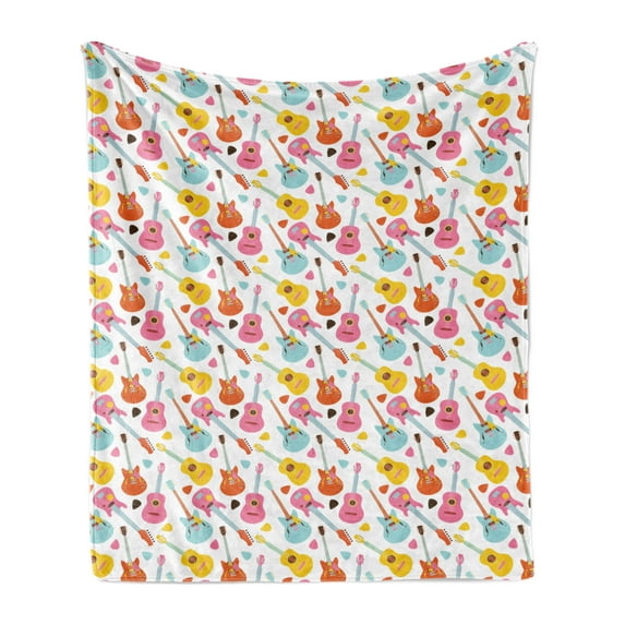 Guitar Soft Flannel Fleece Throw Blanket, Entertainment Equipment Concept Summer Festival Pattern with Colorful Instruments, Cozy Plush for Indoor and Outdoor Use, 50" x 70", Multicolor, by Ambesonne