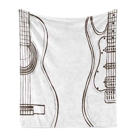Guitar Soft Flannel Fleece Throw Blanket, Hand Drawn Monochrome Doodle Illustration of Instruments of 2 Kinds Music, Cozy Plush for Indoor and Outdoor Use, 50" x 70", Dark Brown White, by Ambesonne