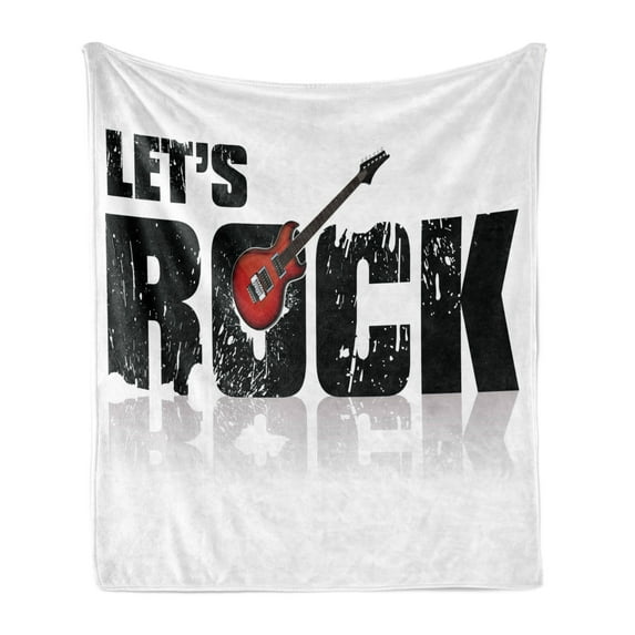 Guitar Soft Flannel Fleece Throw Blanket, Let's Rock Text Grunge Looking Color Splashed Letters Music Fun Concert, Cozy Plush for Indoor and Outdoor Use, 70" x 90", Ruby Black White, by Ambesonne