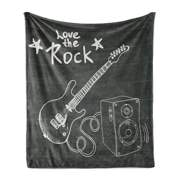 Guitar Soft Flannel Fleece Throw Blanket, Love the Rock Music Themed Sketch Art Sound Box and Text on Chalkboard, Cozy Plush for Indoor and Outdoor Use, 50" x 70", Charcoal Grey White, by Ambesonne