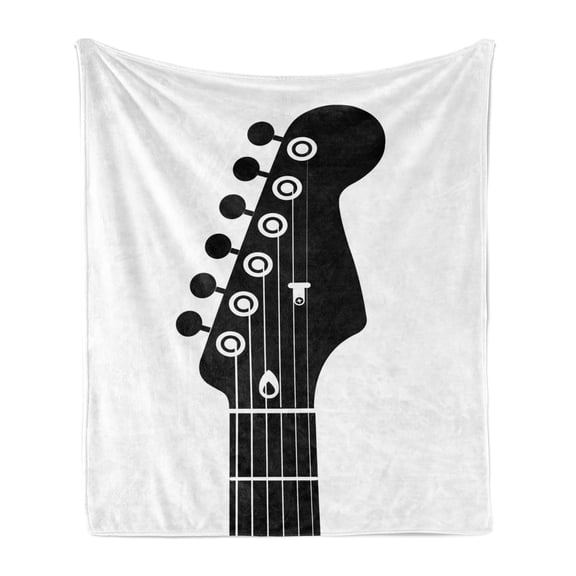 Guitar Soft Flannel Fleece Throw Blanket, Monochrome Style Interpretation of a Half Guitar with Strings Cords, Cozy Plush for Indoor and Outdoor Use, 50" x 70", Charcoal Grey and White, by Ambesonne
