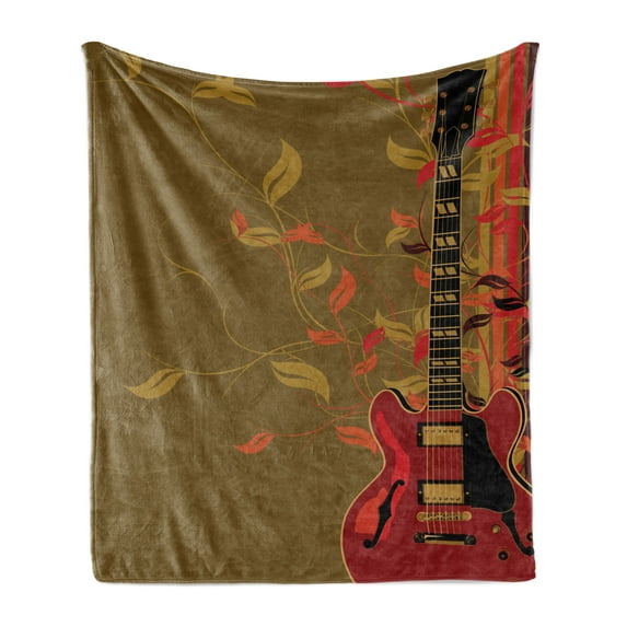 Guitar Soft Flannel Fleece Throw Blanket, Nature Themed Illustration of Leaves Retro Style Autumn Colors, Cozy Plush for Indoor and Outdoor Use, 60" x 80", Fawn Vermilion, by Ambesonne