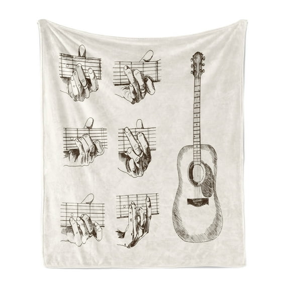 Guitar Soft Flannel Fleece Throw Blanket, Sketch Art Style Instrument and Chords Acoustic Flamenco Technique Skill Talent, Cozy Plush for Indoor and Outdoor Use, 70" x 90", Cream Brown, by Ambesonne