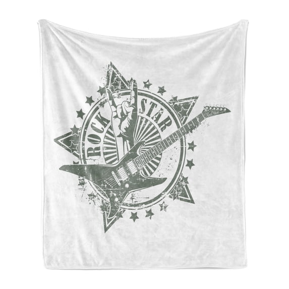 Guitar Soft Flannel Fleece Throw Blanket, Stars Rock Sign Monochrome Musical Instrument Design Rockstar Life Singing, Cozy Plush for Indoor and Outdoor Use, 60" x 80", Pale Grey White, by Ambesonne
