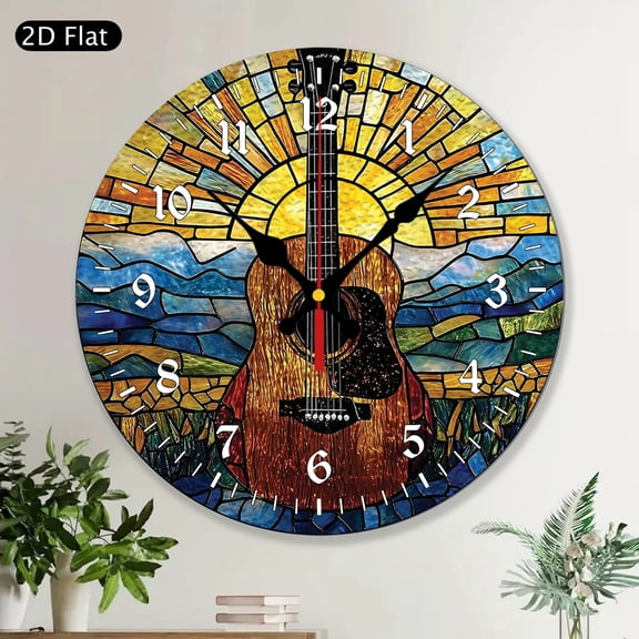 Guitar Stained Glass Round Wall Clock, Musical Instrument Music Theme Decor, Music Lover Guitar Lover Gift