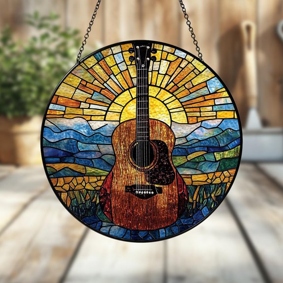 Guitar Stained Glass Suncatcher – Musical Instrument Window Hanging, Music Lover Gift, Guitar Player Home Decor