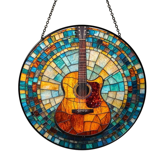 Guitar Stained Glass Suncatcher Window Hanging, Musical Instrument Art Panel, Stylish Home Decor Gift