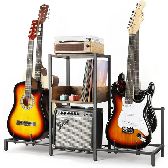 Guitar Stand for 4 Guitars Acoustic, Electric, Bass & Ukulele Floor Rack with 2 Wood Shelves for Amp Holder, Vinyl Records & Media Storage Adjustable Multi Guitar Display Stand for Music Studio Home