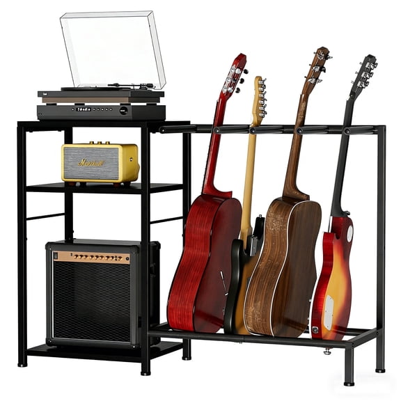 NEYCIL Guitar Stand for 4 Guitars, Adjustable Multiple Guitars Rack with Soft-Padded Protector for Acoustic, Electric, Bass & Ukulele, Guitar Display Stand with 3-tier Shelves for Amp & Vinyl Records