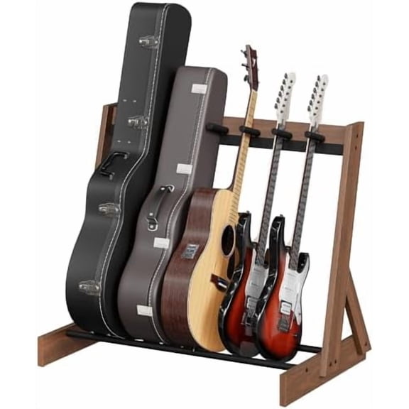 Guitar Stand, Hardwood Multi-Instrument Rack (Holds 3 Acoustic/5-6 Electric/Bass) - Wooden Floor Holder for Home Music Studio, Walnut & Black GSHA7501