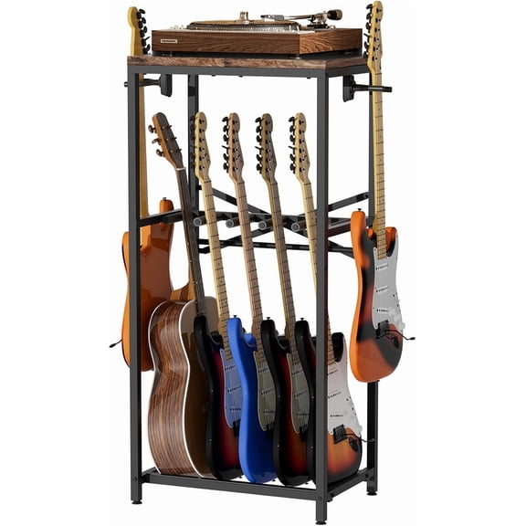 Guitar Stand for Multiple Guitars, Guitar Rack for Acoustic Guitar, Electric Guitar, Bass and Ukulele, Rustic Guitars Display Stand with 2 Guitar Hangers, Gold