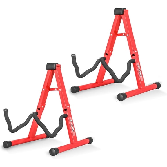 Guitar Stand Pair A Frame Adjustable Folding Floor Stands with Soft Foam Arms for Acoustic Electric Bass Guitars Ukulele Banjo Non Slip Rubber Support Red - GSS RED 2PCS
