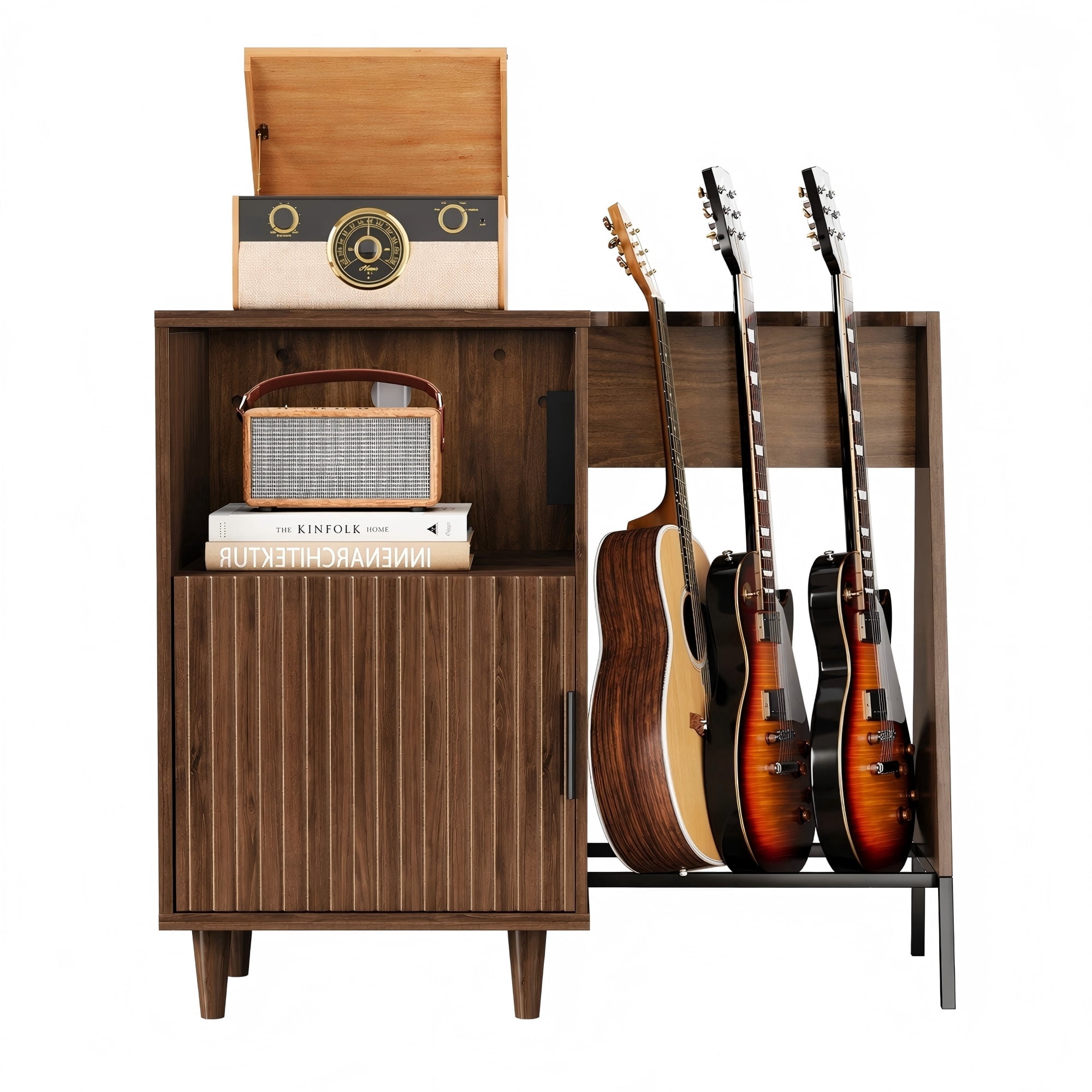 WARAYZ Guitar Stand & Record Player Shelf, Vinyl Record Organizer Cabinet, Acoustic/Electric Guitar Rack with Built-in Power Outlet & Speaker Storage