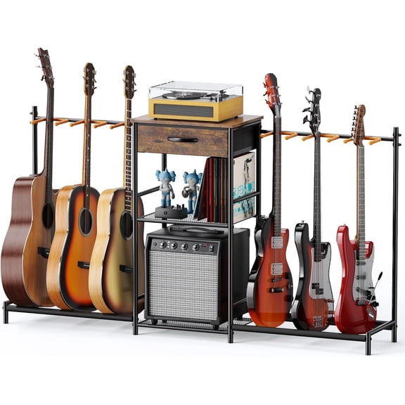 Guitar Stands Floor with 6Guitar Holders, 3-Tier Guitar Stand Multiple Guitars, Guitar Rack with Amp Stand & Cloth Drawer, Multi Guitar Stand for Music Studio, Guitar Accessories gift for Music Lover