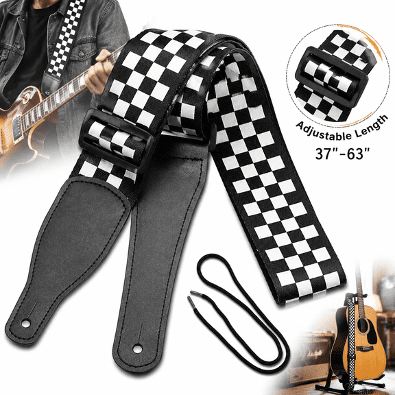 Guitar Strap, Bass Guitar Strap, Electric and Acoustic Guitar Straps - Durable Nylon Checkered Guitar Shoulder Strap with Leather Ends (Black and White Checkered)