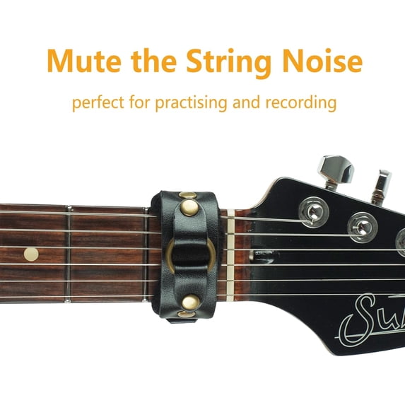 Guitar String Mute Dampener, Electric Guitar String Muter Bass Fret Neck Wrap, Leather with Metal Ring Buckle Accents, Black