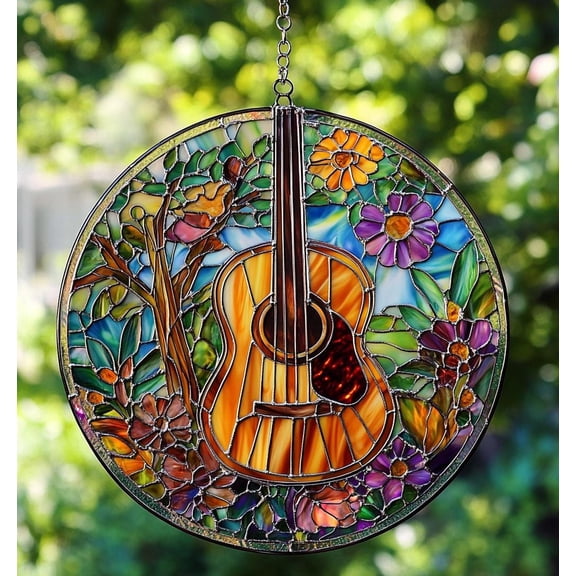 Guitar Suncatcher Ornament, Floral Musical Instrument Window Hanging, Music Lover Gift, Guitar Room Decor