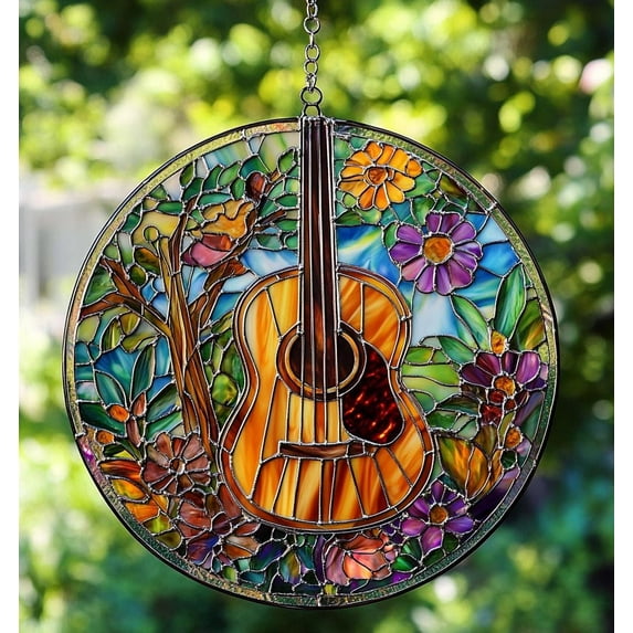 Guitar Suncatcher Ornament, Floral Musical Instrument Window Hanging, Music Lover Gift, Guitar Room Decor