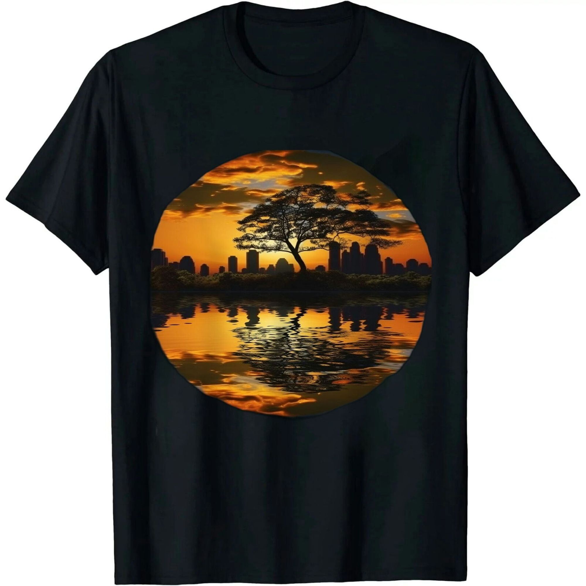 Guitar Sunset Sky Trees City Lake Reflection Special Design T-Shirt ...