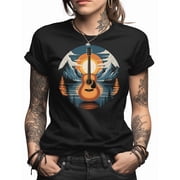 Guitar Sunset T-Shirt, Mountain Lake, Musical Nature Tee, Outdoors Music Lover Gift, Scenic Guitar Art, Guitarist Tee, Music Shirt