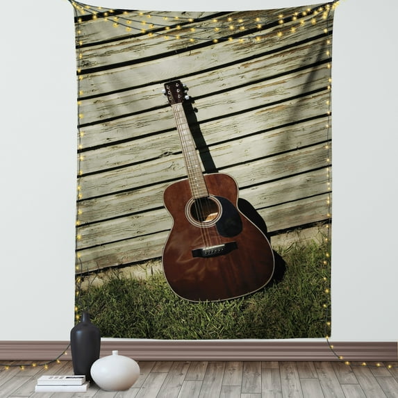 Guitar Tapestry, Acoustic Music Element Leaning on a Wooden Wall Vintage Country Vibes, Wall Hanging for Bedroom Living Room Dorm Decor, 60W X 80L Inches, Dusk Redbrown Olive Green, by Ambesonne
