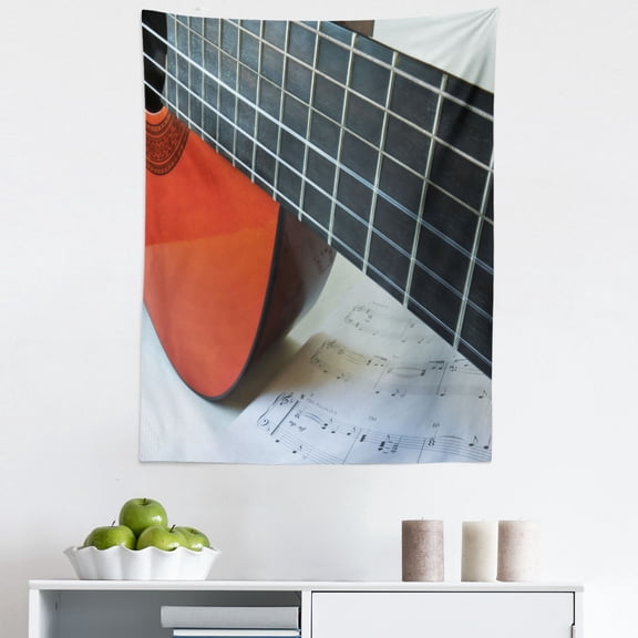 Guitar Tapestry, Close Up Photo of a Fingerboard on a Classic Instrument Music Sheet, Fabric Wall Hanging Decor for Bedroom Living Room Dorm, 5 Sizes, White Vermilion, by Ambesonne