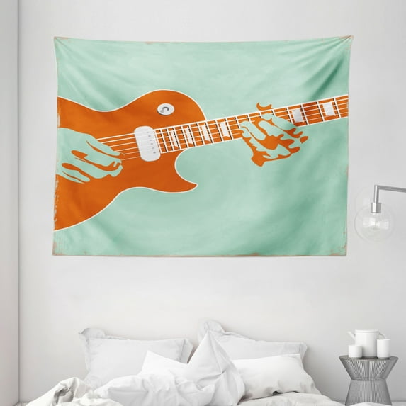Guitar Tapestry, Creative Musician Playing Jamming Instrument Acoustic Performing Vintage, Wall Hanging for Bedroom Living Room Dorm Decor, 80W X 60L Inches, Mint Green Orange, by Ambesonne