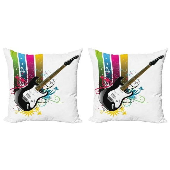 Ambesonne Guitar Throw Pillow Cover 2 Pack, Bass Floral Colorful, 16", Multicolor