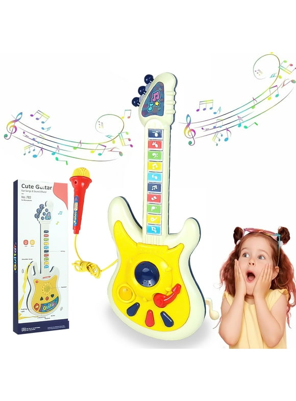 Guitar Toy with Microphone Set for Kids, Guitar Toys with Music & Light, Musical Instruments Educational Toys for Kids 4, 5, 6, 7 Years Birthday Gift