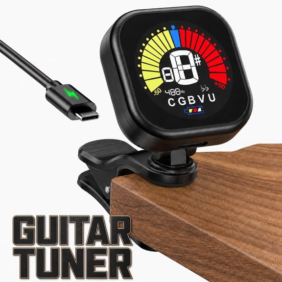 Guitar Tuner Clip-On Rechargeable, HD Color Screen Chromatic Tuner with 360 Rotation, High Precision Tuning, Open Tuning Mode