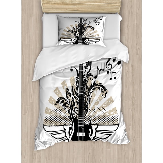 Guitar Twin Size Duvet Cover Set, Geometrical Elements Stripes Swirls Dots Lines and Musical Notes Rock and Roll, Decorative 2 Piece Bedding Set with 1 Pillow Sham, Tan Black White, by Ambesonne