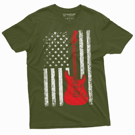 Guitar Usa Flag T-Shirt Country Music Band Gifts Guitarists 4Th Of July American Patriotic Tee (X-Large Military Green)