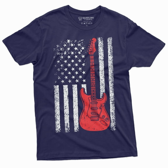 Guitar Usa Flag T-Shirt Country Music Band Gifts Guitarists 4Th Of July American Patriotic Tee (XX-Large Navy Blue)