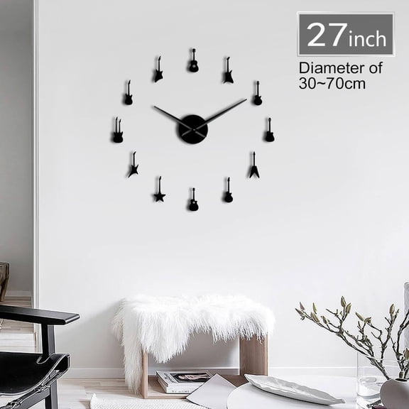 Guitar Variety DIY Large Quiet Sweep Wall Clock Rock N Roll Musical Instrument Frameless Giant Wall Watch 3D Mirror Wall Sticker(Black,27inch)