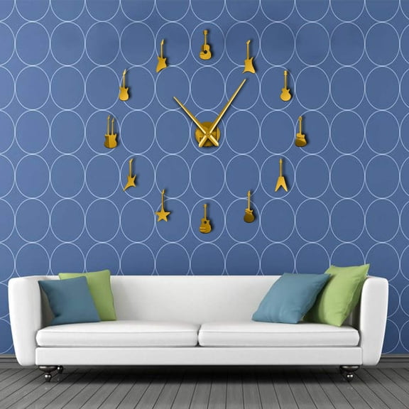 Guitar Variety Music DIY Giant Wall Clock Music Room Decor Frameless Big Needles Large Wall Clocks Rock And Roll Guitar Wall Watch (Gold、27inch)