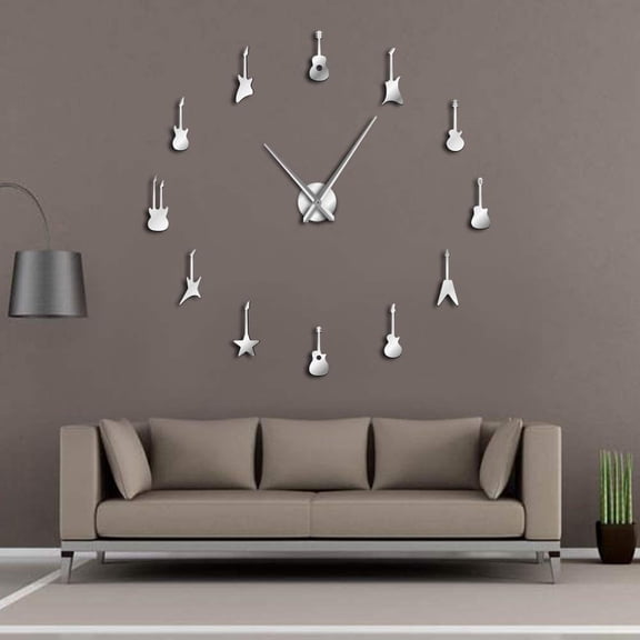 Guitar Variety Music DIY Giant Wall Clocks Music Room Decor Frameless Big Needles Large Wall Clock Rock n Roll Guitar Wall Watch(Silver,37inch)