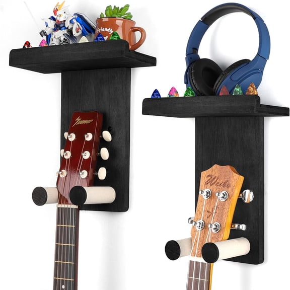 2 Pack Guitar Wall Mount Holder Guitar Hanger Shelf with Pick Holder Wood Guitar Rack for Acoustic or Electric Guitar,Ukulele,Bass,Mandolin Black