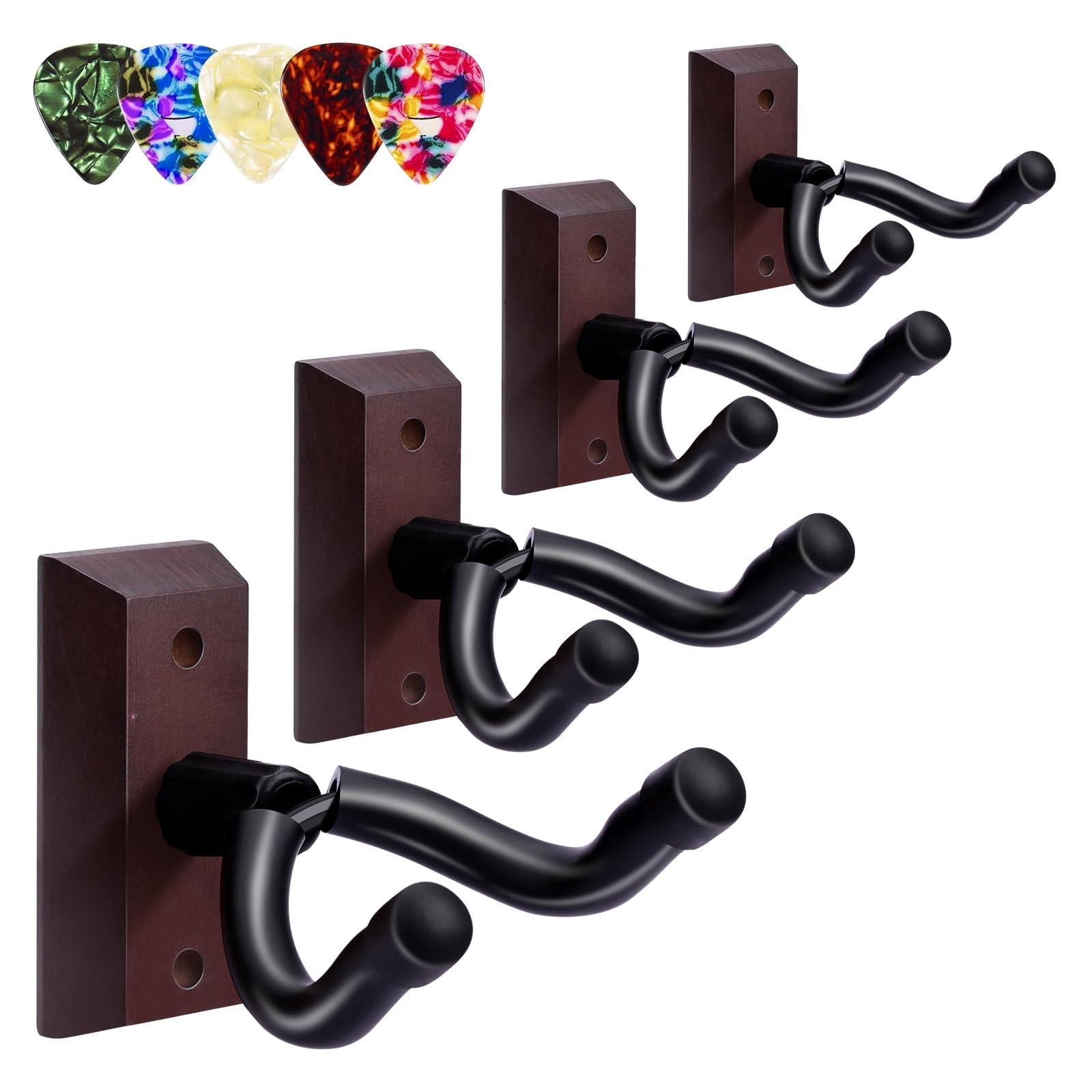 Guitar Wall Mount 4 Pack - Solid Beech Wood Hanger With 5pcs Picks For Acoustic  Electric Bass Banjo Mandolin