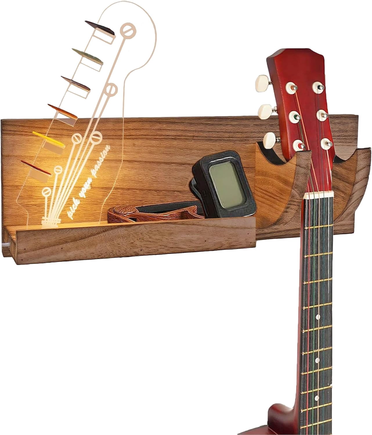 Guitar Wall Mount Hanger Bass Stand Light Up Wood Hanging with LED Acrylic Guitar Pick Holder Display Electric USB-Powered Guitar Accessories - Gift for musicians Men, Music Lovers Players Room Decor