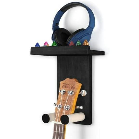 Guitar Wall Mount - Single Pack, Wall Hanger with Pick Holder - Guitar & Ukulele Rack, Rustic Wood Black, Patented
