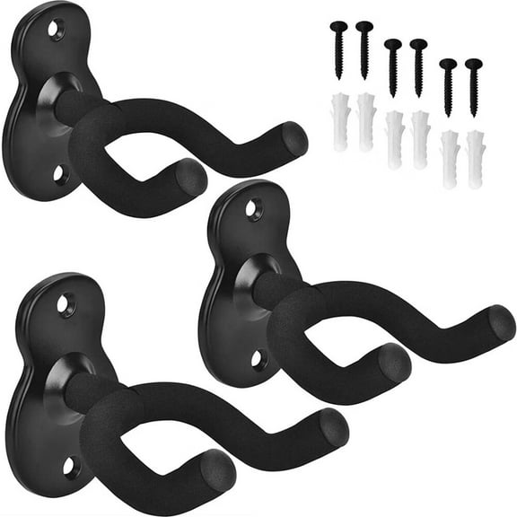 Guitar Wall Mount Wall Hanger 3 Pack Hook Black Metal Guitar Holder for Acoustic Electric Bass Guitar Ukulele Banjo Mandolin