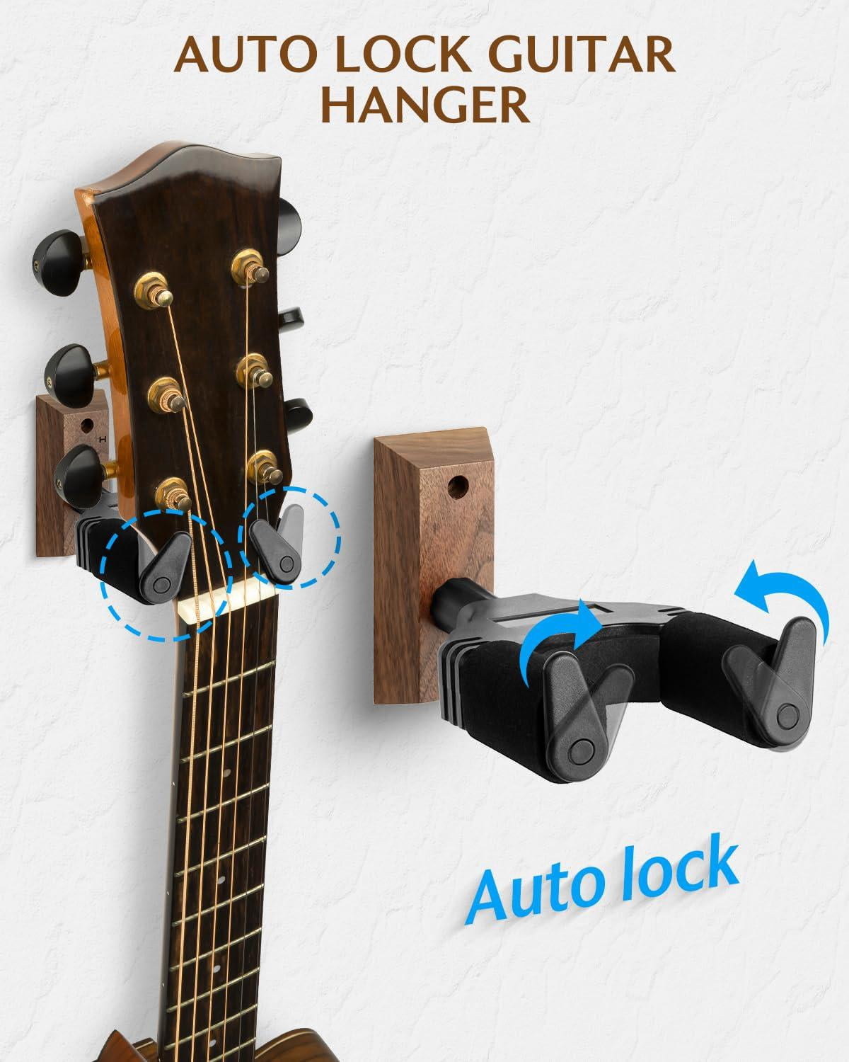 Guitar Wall Mount Walnut Base Hanger U-shaped With Screws Auto Lock Holder Hook Stand For Acoustic  Electric Banjo Bass(2-pack)