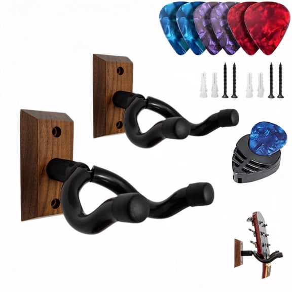 Guitar Wall Mount - 2 Pack Black Walnut Guitar Wall Hangers, U-Shape Hardwood Guitar Hanger, Guitar Gifts for Men Women Guitarists, Guitar Accessories, with 6 Assorted Guitar Picks
