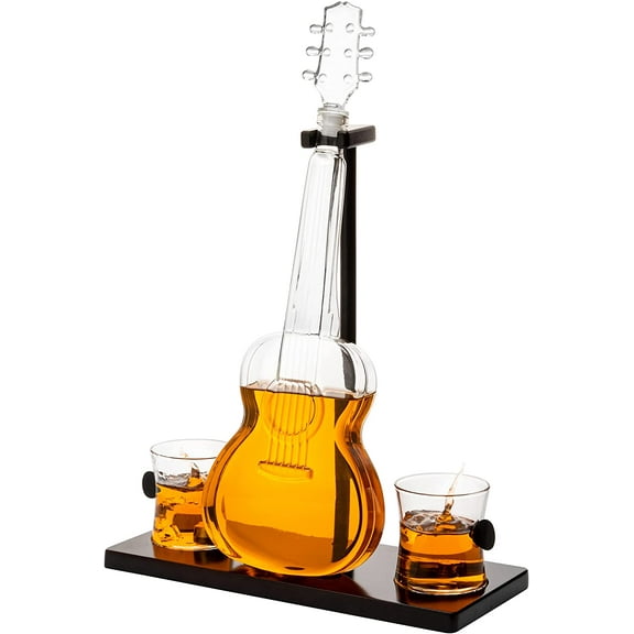 Guitar Whiskey & Wine Decanter & Mahogany Base - 1000 ML Glass Decanter with 2 10oz Glasses 14" For Whiskey Music Lover & Guitar Player Gifts Musician Music Lovers