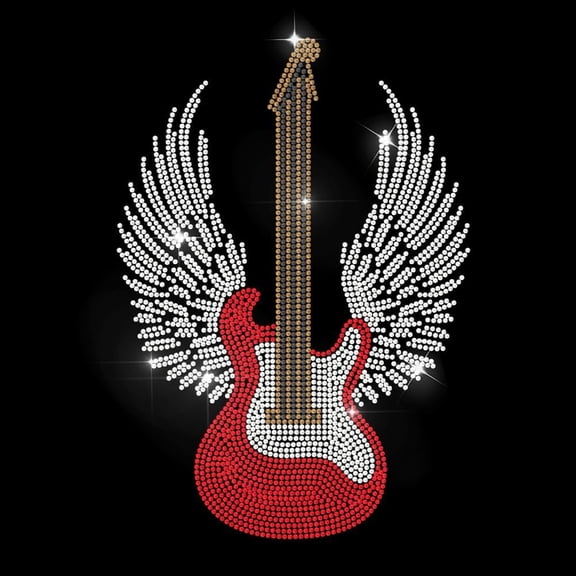 Guitar and Wings Rhinestone Iron on Hotfix Transfer Guitar Instrument Bling DIY Patch Repair Hot Fix Applique for T-Shirt Jacket Bag Jeans Craft Clothing Accessory DIY