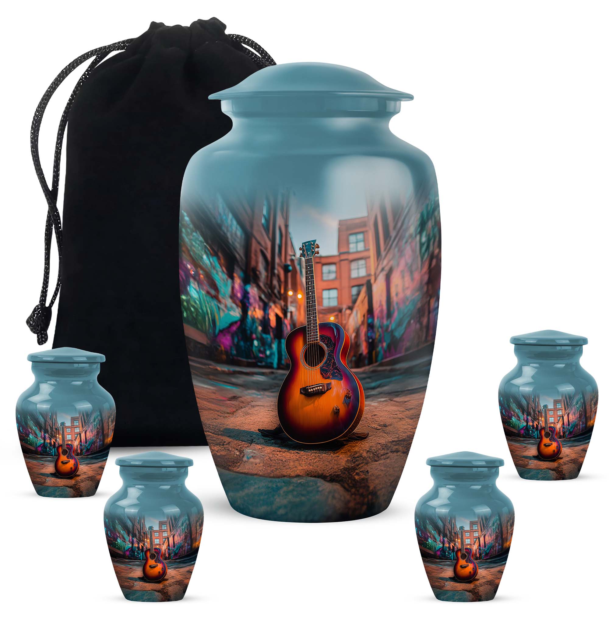 Guitar Women Urns For Human Ashes Adult Male - Funeral Urn For Man And Women 1 Large 10 Inch, 4 Keepsake Set - Blue Urns For Human Ashes For Uncle And Aunty - Pink Cremation Urn For Adult Mother