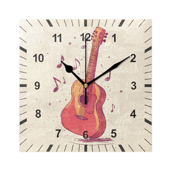 Guitar and Notes Wall Clock Battery Operated Silent Non-Ticking Bedroom Office Kitchen Home School Decor 7.8"(Black)